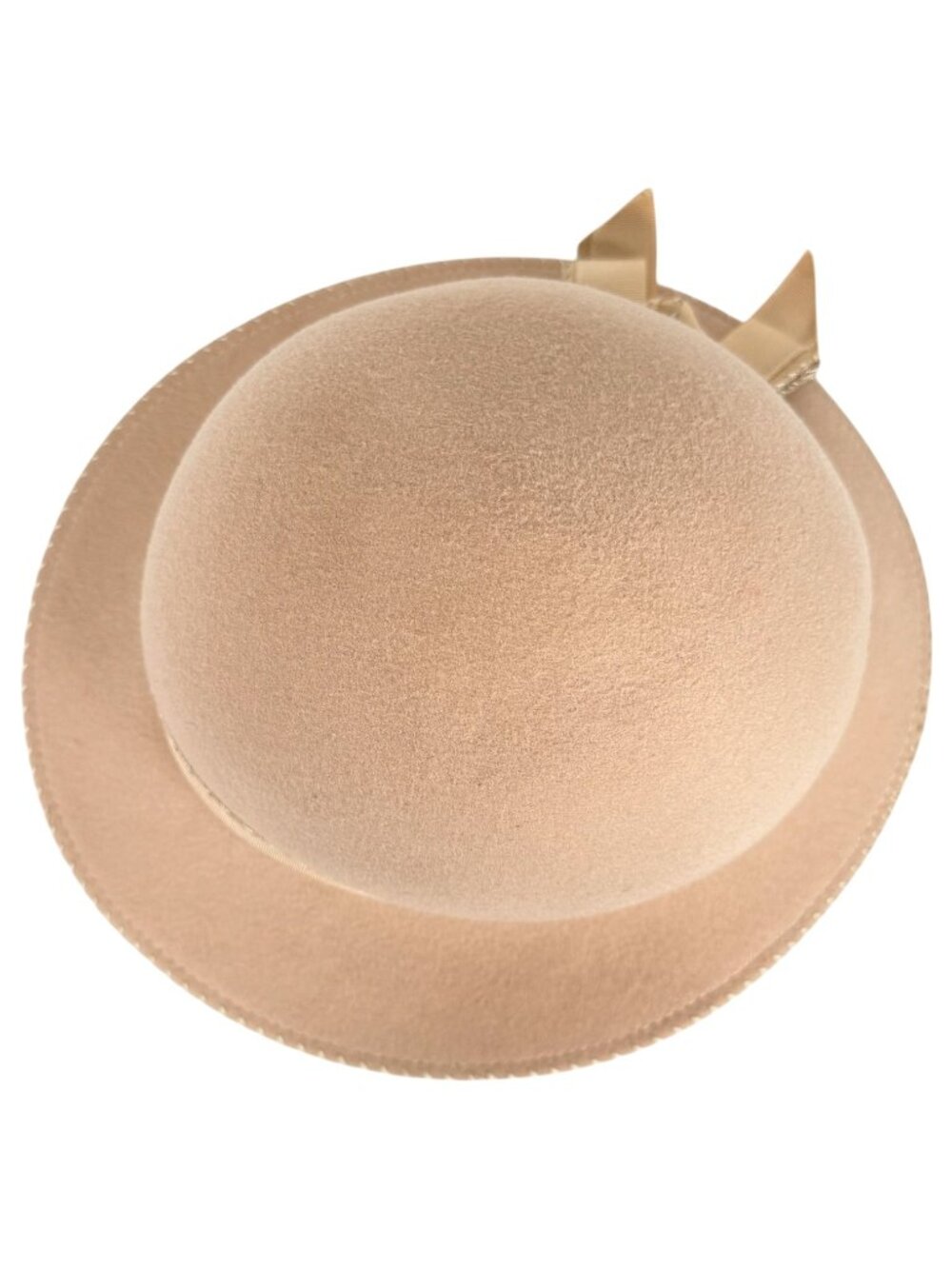 Geo W Bollman Miss JoAnn Tan Wool Felt Cloche Hat Satin Ribbon Bow Vintage - Picture 4 of 7